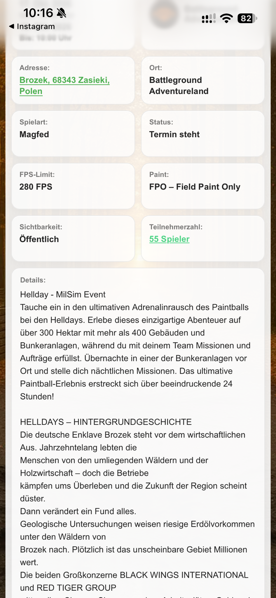Eventdaten und Beginn der Story
